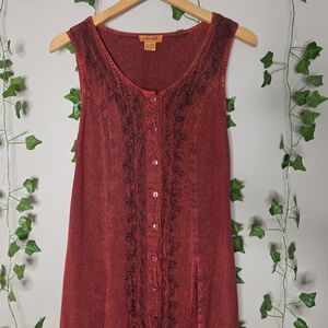 Whimsical Boho Vintage Red Sleeveless Button-Front Maxi Dress